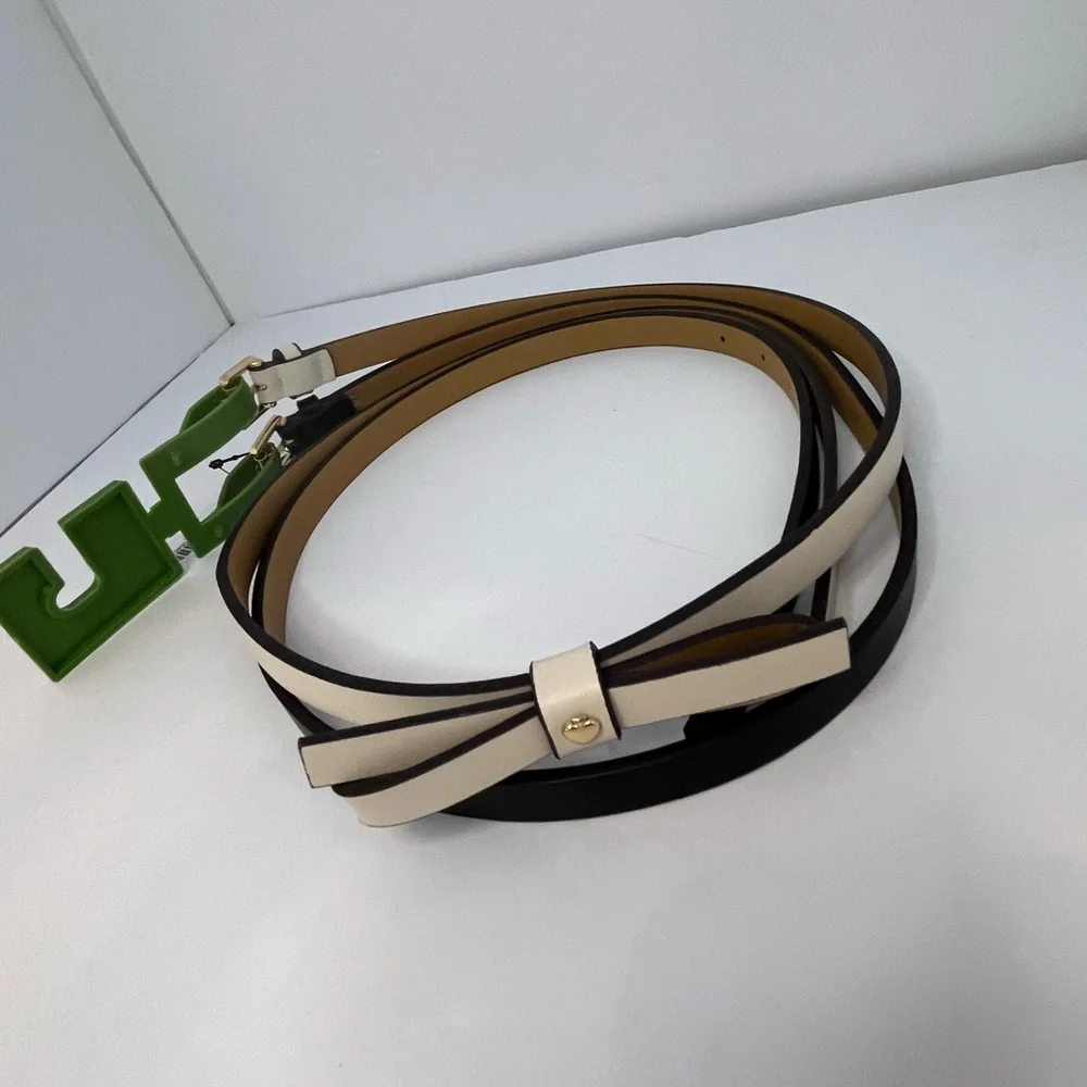 Kate Spade 2 Leather Belts New Cream black thin Belts Bow Logo XL 42 in
